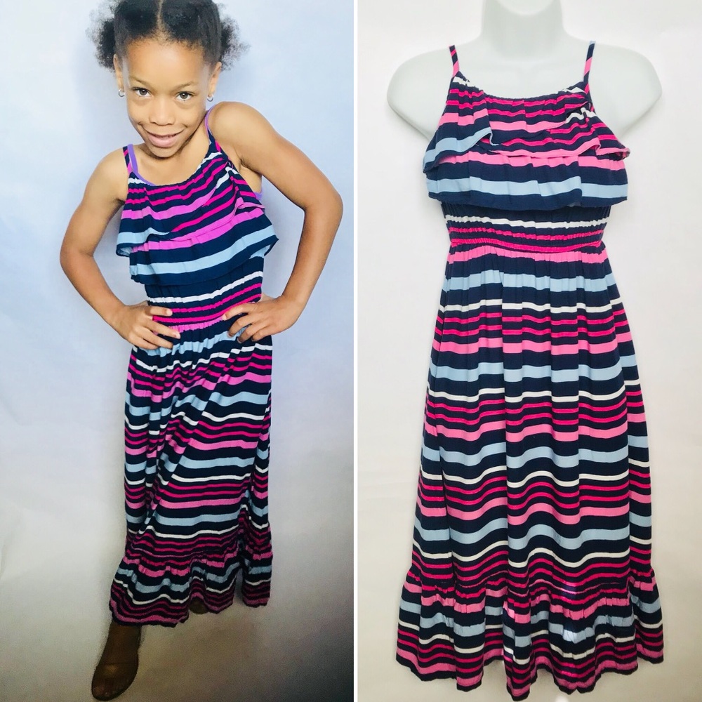 Girl's Sleeveless Navy Pink Striped Max Dress NEW